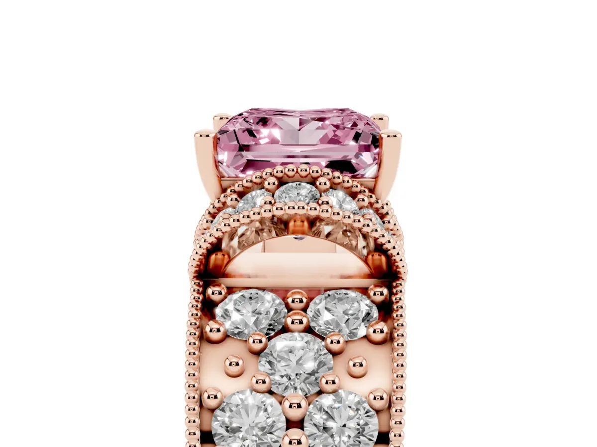 Fancy Pink Princess Cut Halo Pave Diamond Engagement Ring with Milgrain Detailing Rose gold