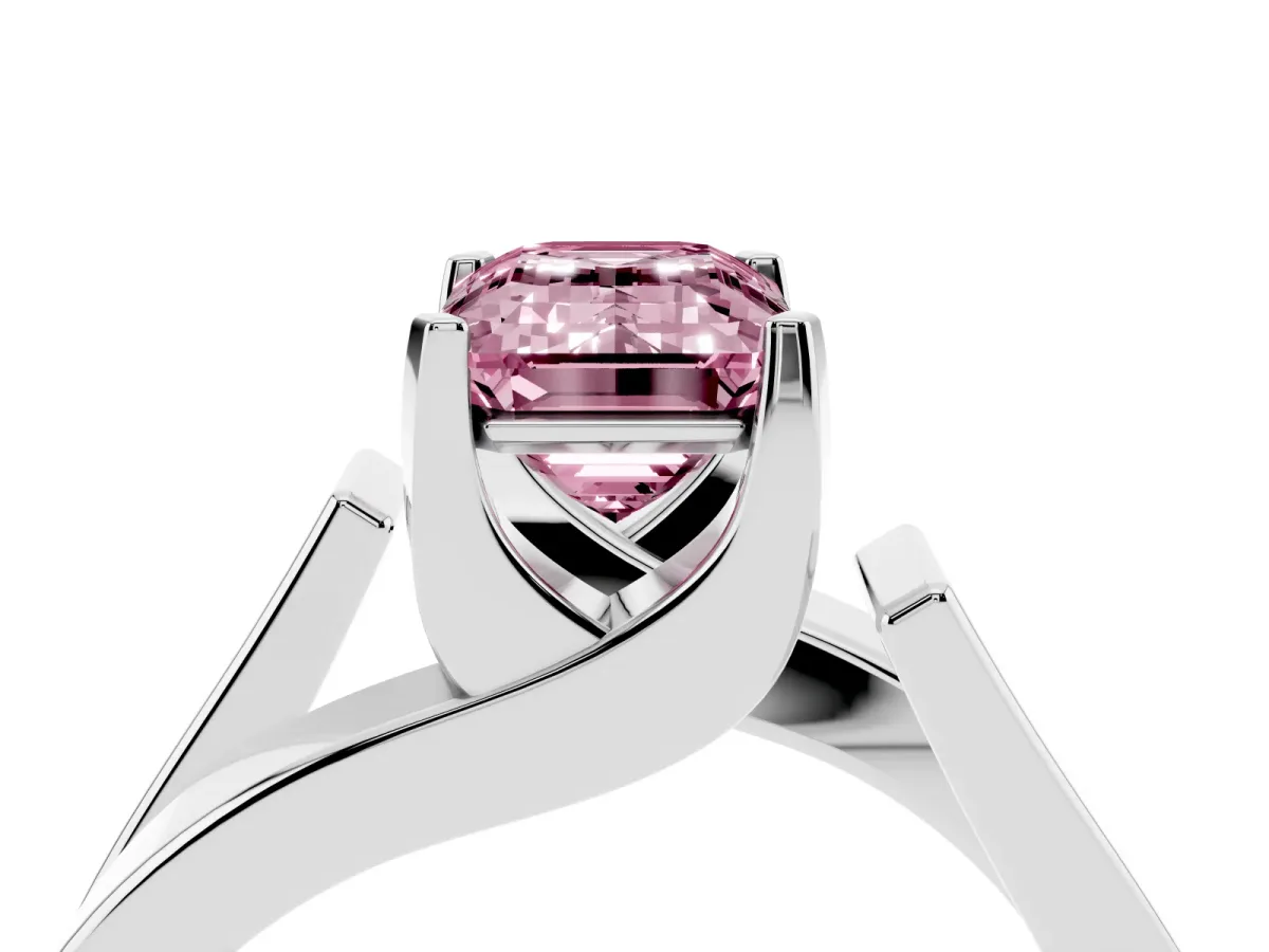 Fancy Pink Modern Tension Set Emerald Cut Diamond Solitaire Wide Band Ring Silver