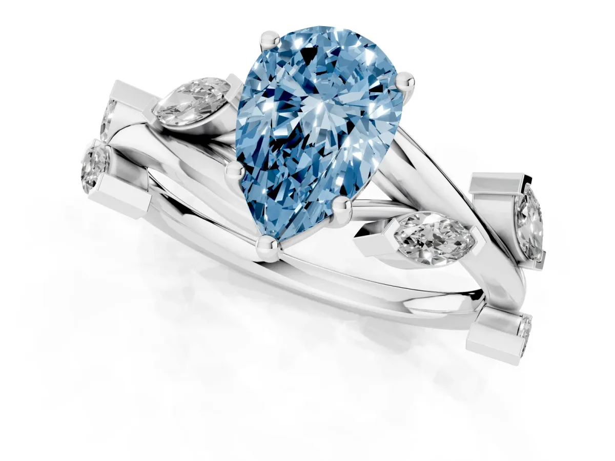 Fancy Blue Pear Cut Solitaire Twisted Band Marquise Accent Prong Setting Ring White gold