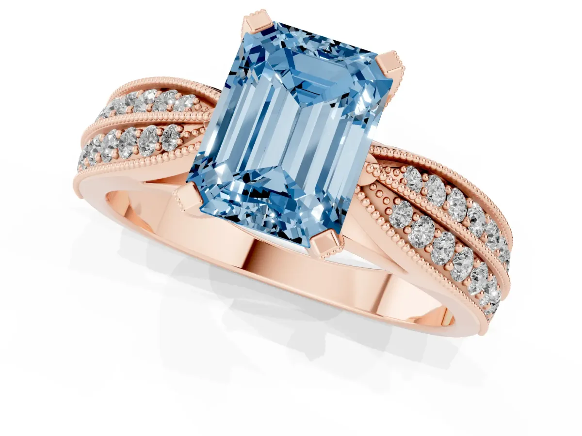 Fancy Blue Emerald Cut Diamond Solitaire Ring with Milgrain Round Pavé Band and Prong Setting Rose gold