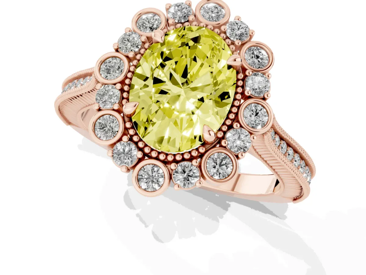 Fancy Yellow Oval Cut Halo Milgrain Pave Diamond Ring with Four-Prong Setting Rose gold