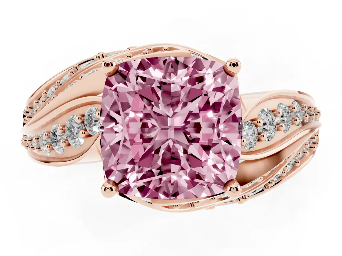 Fancy Pink Cushion Cut Diamond Solitaire Ring with Prong Setting and Twisted Pavé Band Rose gold
