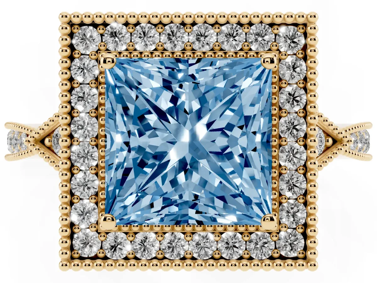 Fancy Blue Princess Cut Halo Round Diamond Milgrain Pave Engagement Ring Yellow gold