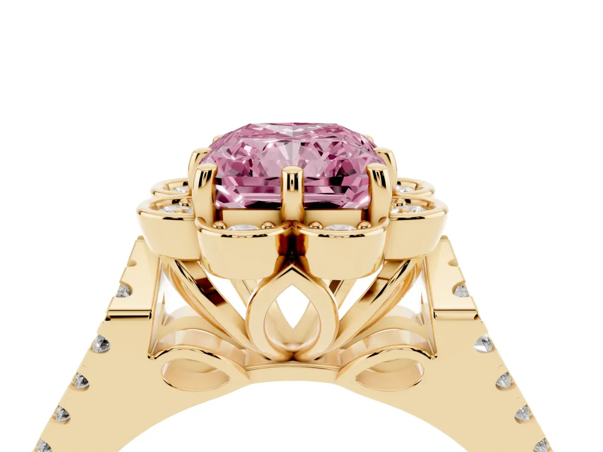 Fancy Pink Radiant Cut Halo Diamond Floral Split Shank Engagement Ring Yellow gold