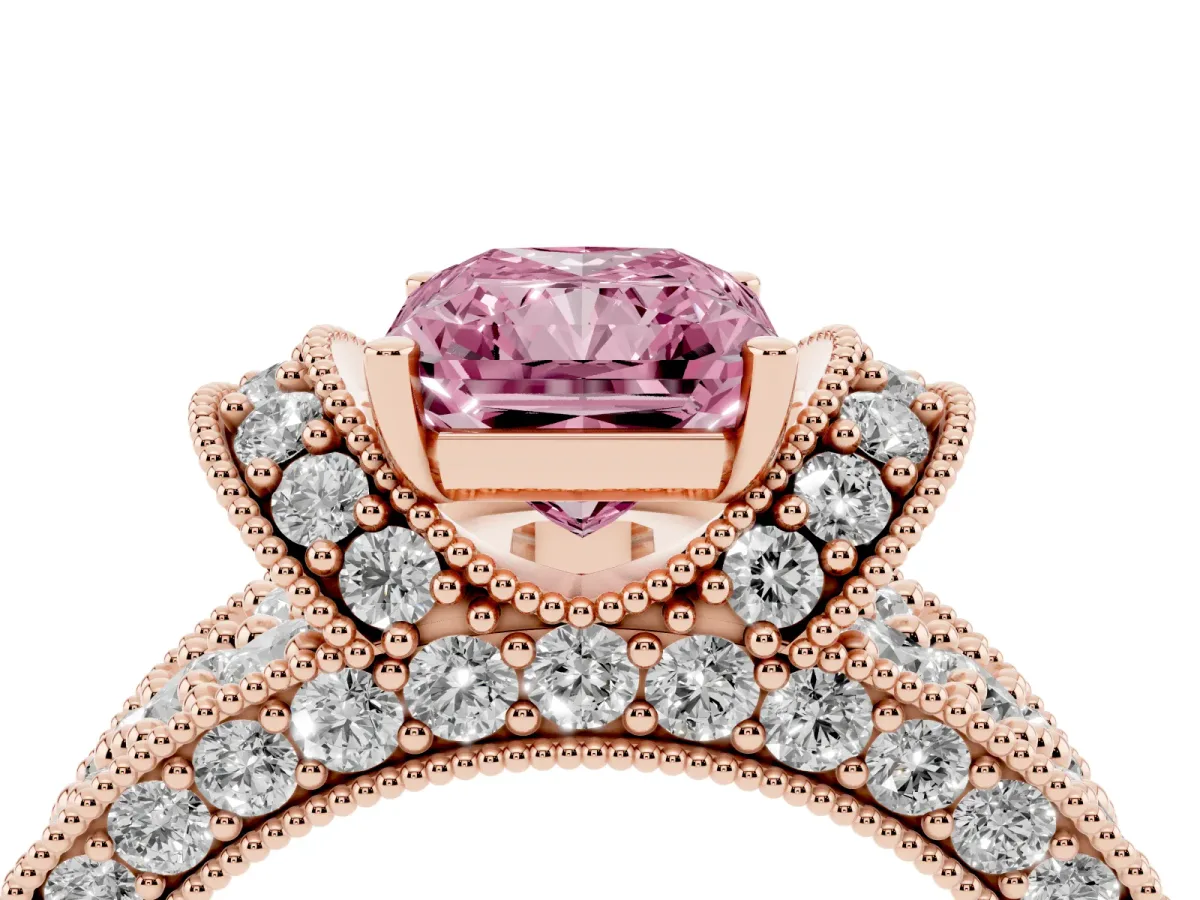 Fancy Pink Radiant Cut Halo Pave Diamond Engagement Ring with Milgrain Detailing Rose gold