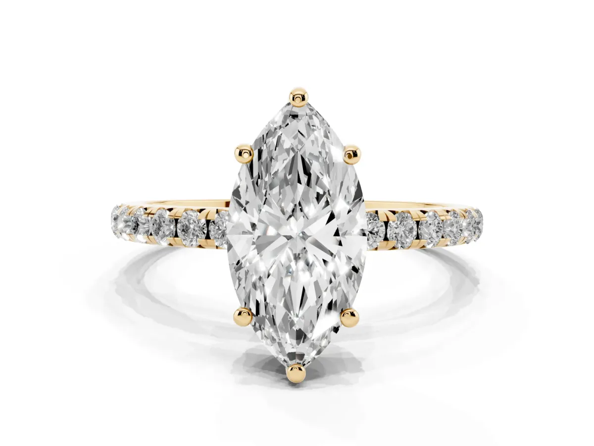Marquise Cut Cut Diamond Solitaire Ring with Micro Pave Band and Four Prong Setting Yellow gold