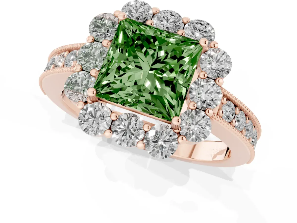 Fancy Green Princess Cut Cut Halo Diamond Pavé Engagement Ring with Milgrain Detailing Rose gold