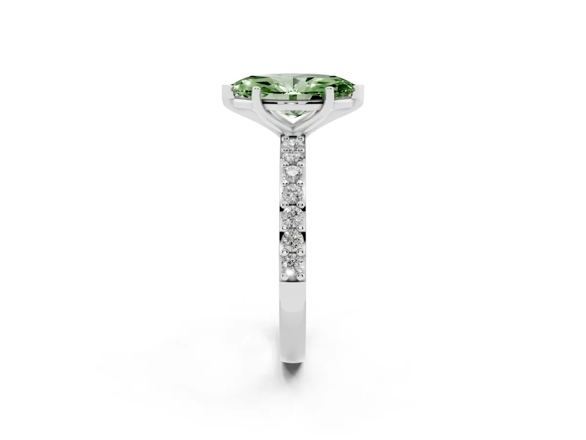 Fancy Green Marquise Cut Cut Diamond Solitaire with Pave Band and Four-Prong Setting Silver