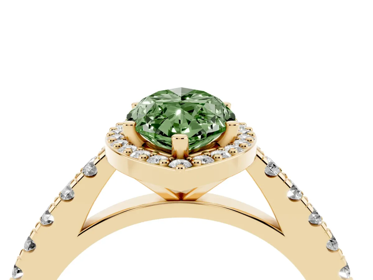 Fancy Green Marquise Cut Cut Halo Diamond Engagement Ring with Pave Band and Four-Prong Setting Yellow gold