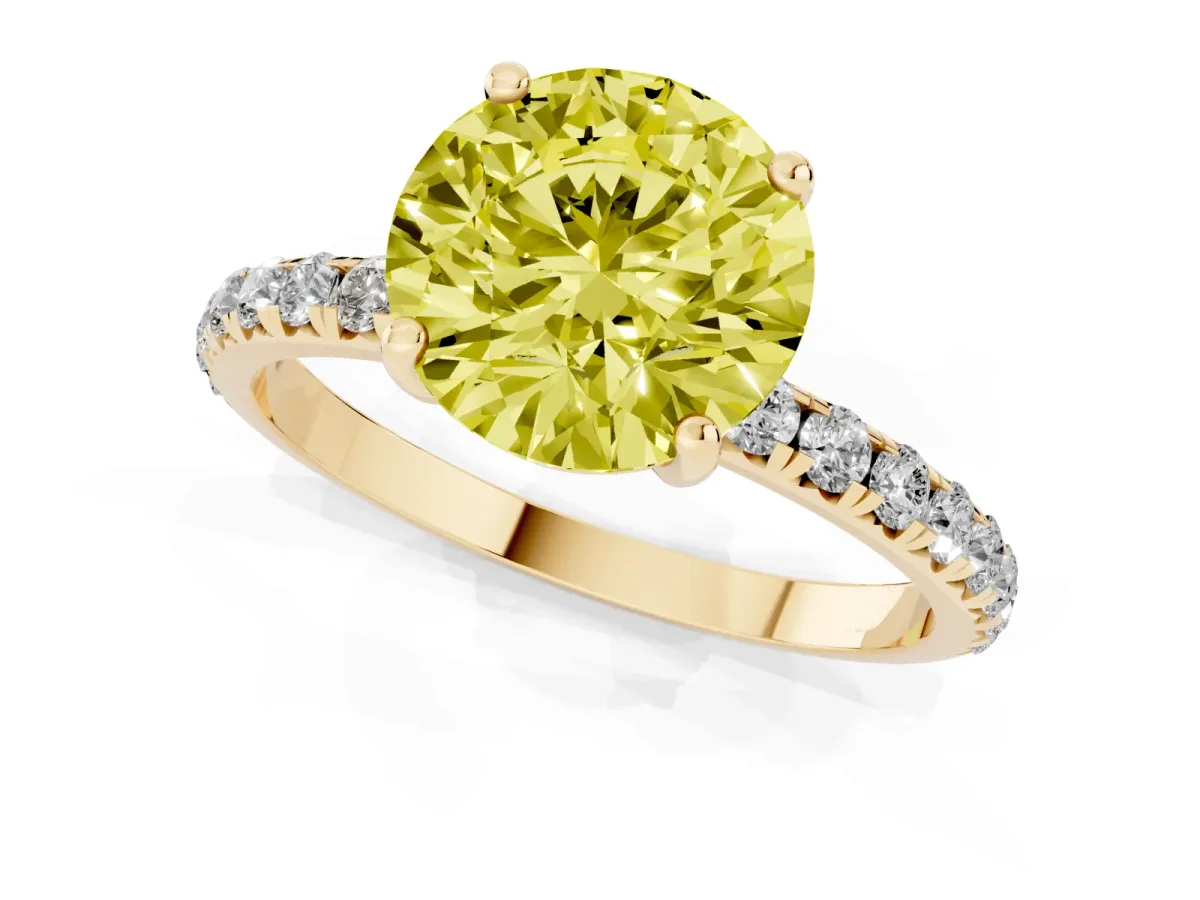 Fancy Yellow Round Cut Cut Diamond Solitaire Ring with Micro Pave Band and Four Prong Setting Yellow gold