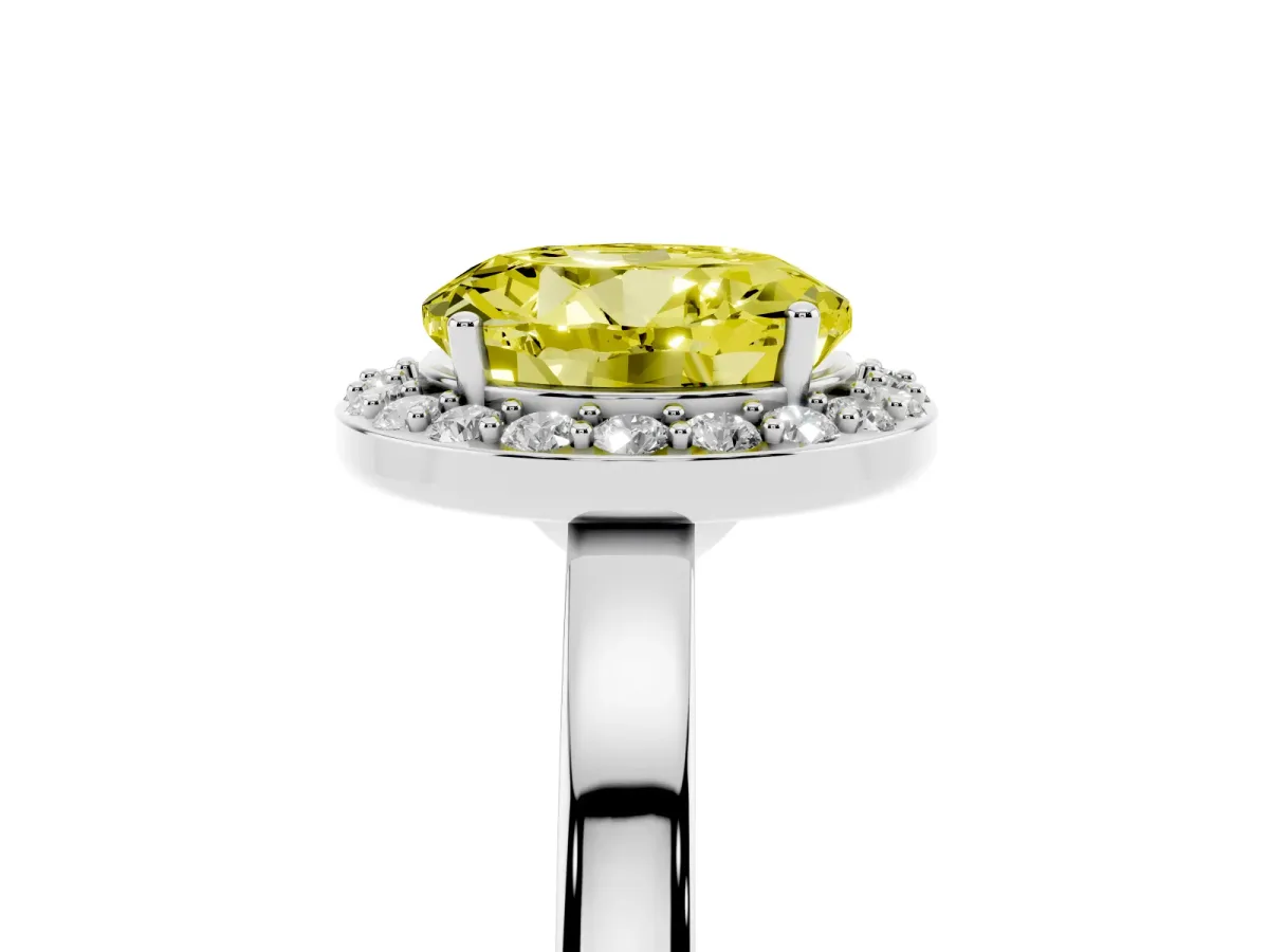 Fancy Yellow Round Cut Halo Diamond Ring with Solitaire Band and Prong Setting Silver