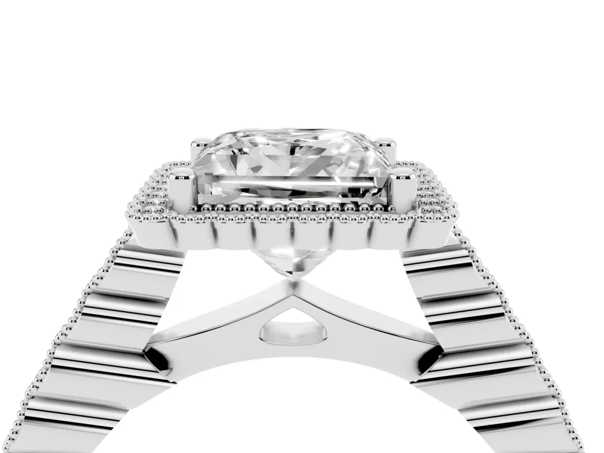 Princess Cut Cut Halo Pavé Solitaire Ring with Milgrain Band Platinum