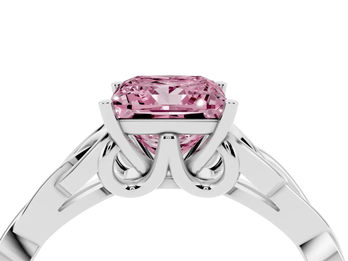 Fancy Pink Princess Cut Diamond Solitaire Engagement Ring with Celtic Knot Band and Four-Prong Setting White gold