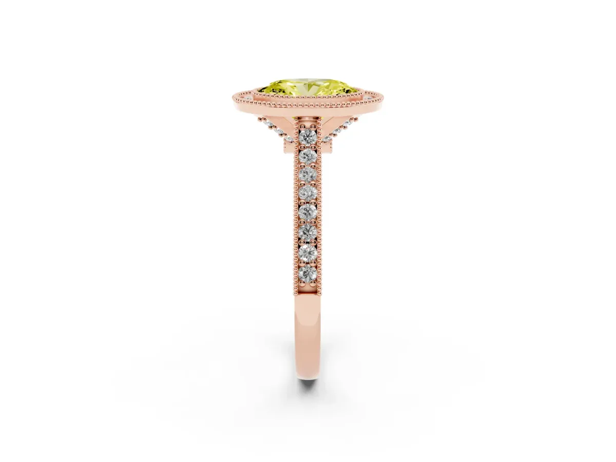 Fancy Yellow Halo Oval Cut-Cut Diamond Pave Band Milgrain Prong Setting Ring Rose gold
