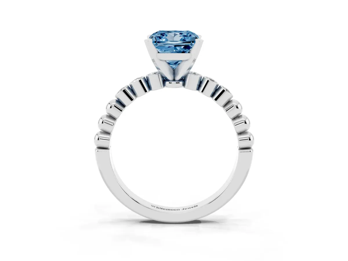 Fancy Blue Princess Cut Solitaire Bezel Accent Diamond Engagement Ring with Beaded Band and Four-Prong Setting Platinum