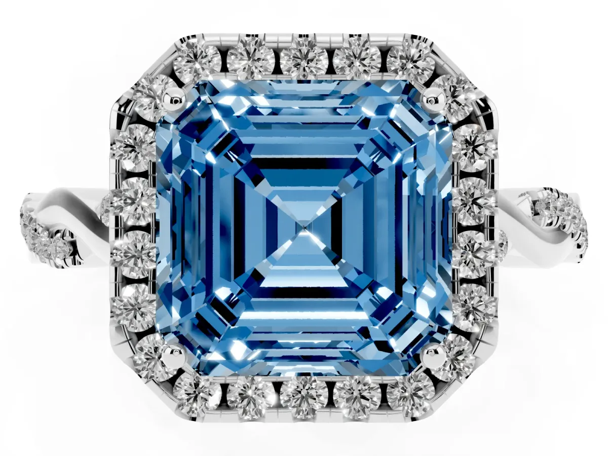Fancy Blue Asscher Cut Halo Twist Band Solitaire Ring Silver