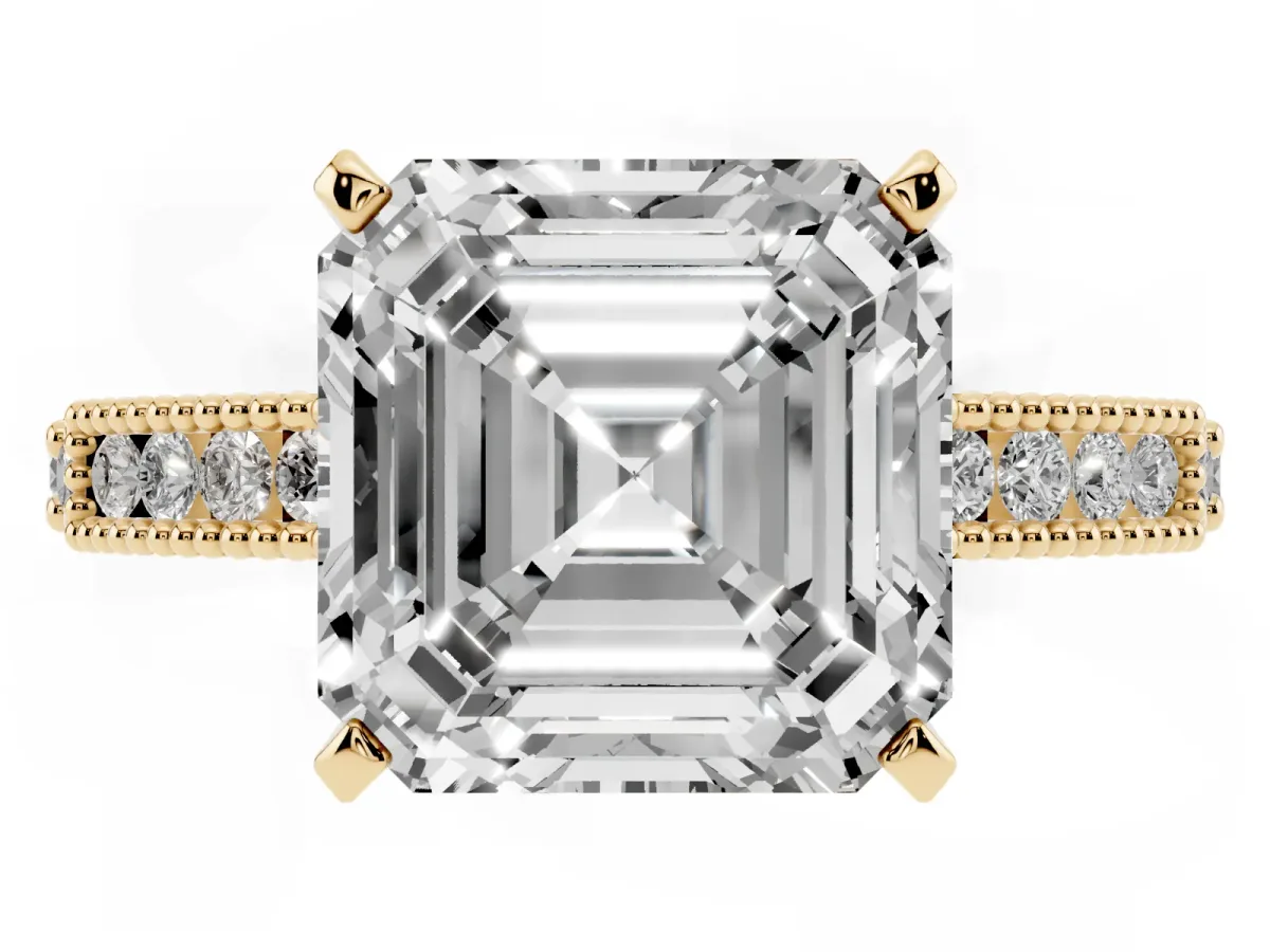 Asscher Cut Solitaire with Pavé Band and Four-Prong Setting Yellow gold