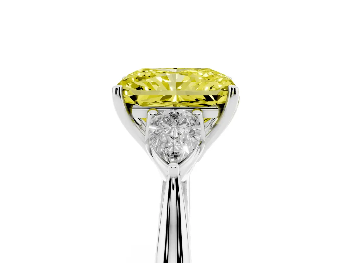 Fancy Yellow Three-Stone Radiant Cut Diamond Ring with Pear Side Stones in Four-Prong Setting Silver