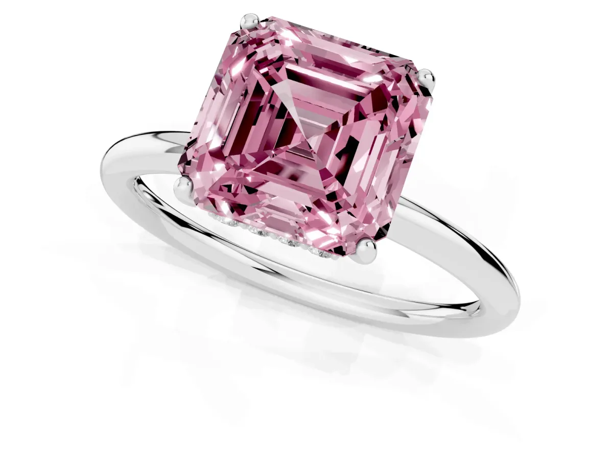 Fancy Pink Asscher Cut Solitaire Diamond Ring with a Classic Band and Four-Prong Setting Silver