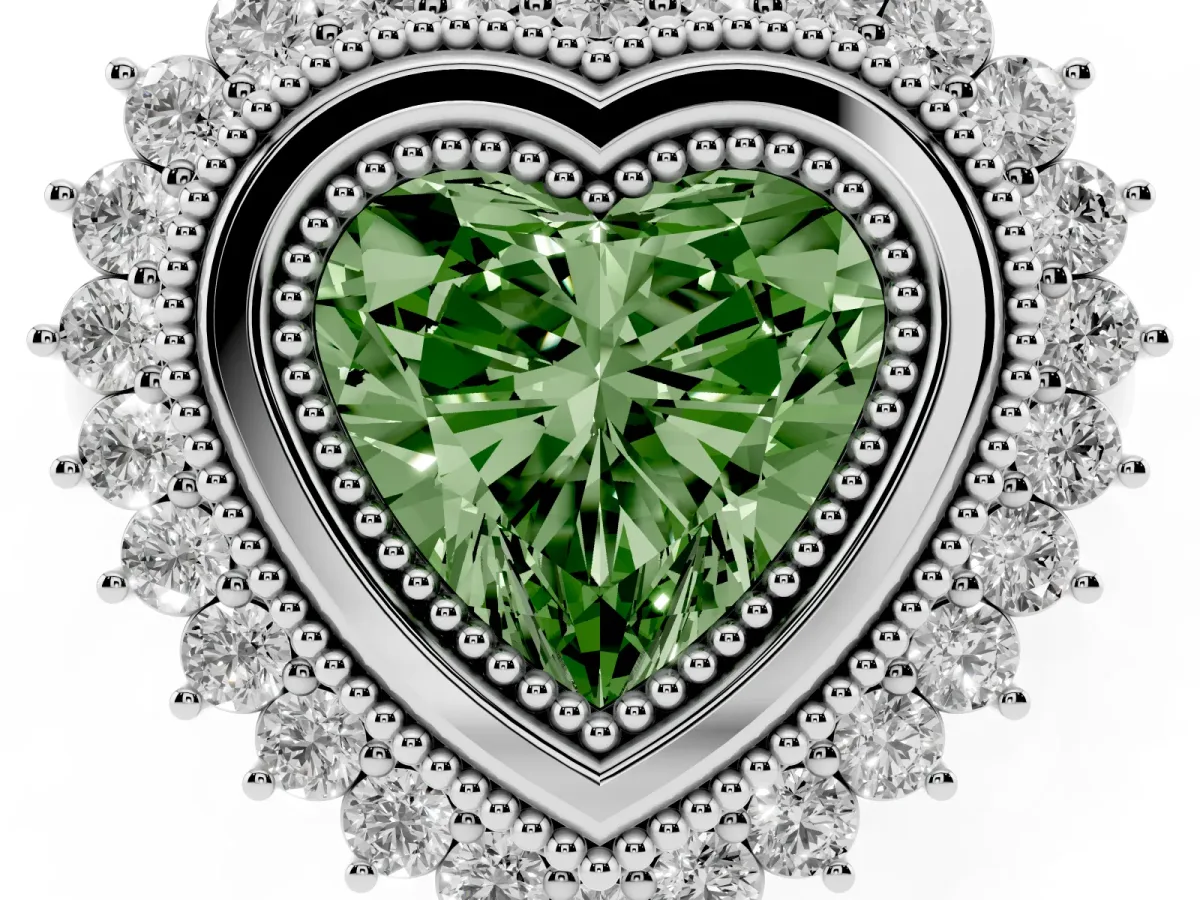 Fancy Green Heart Cut Halo Diamond Ring with Milgrain Edge and Round Prong Setting Silver