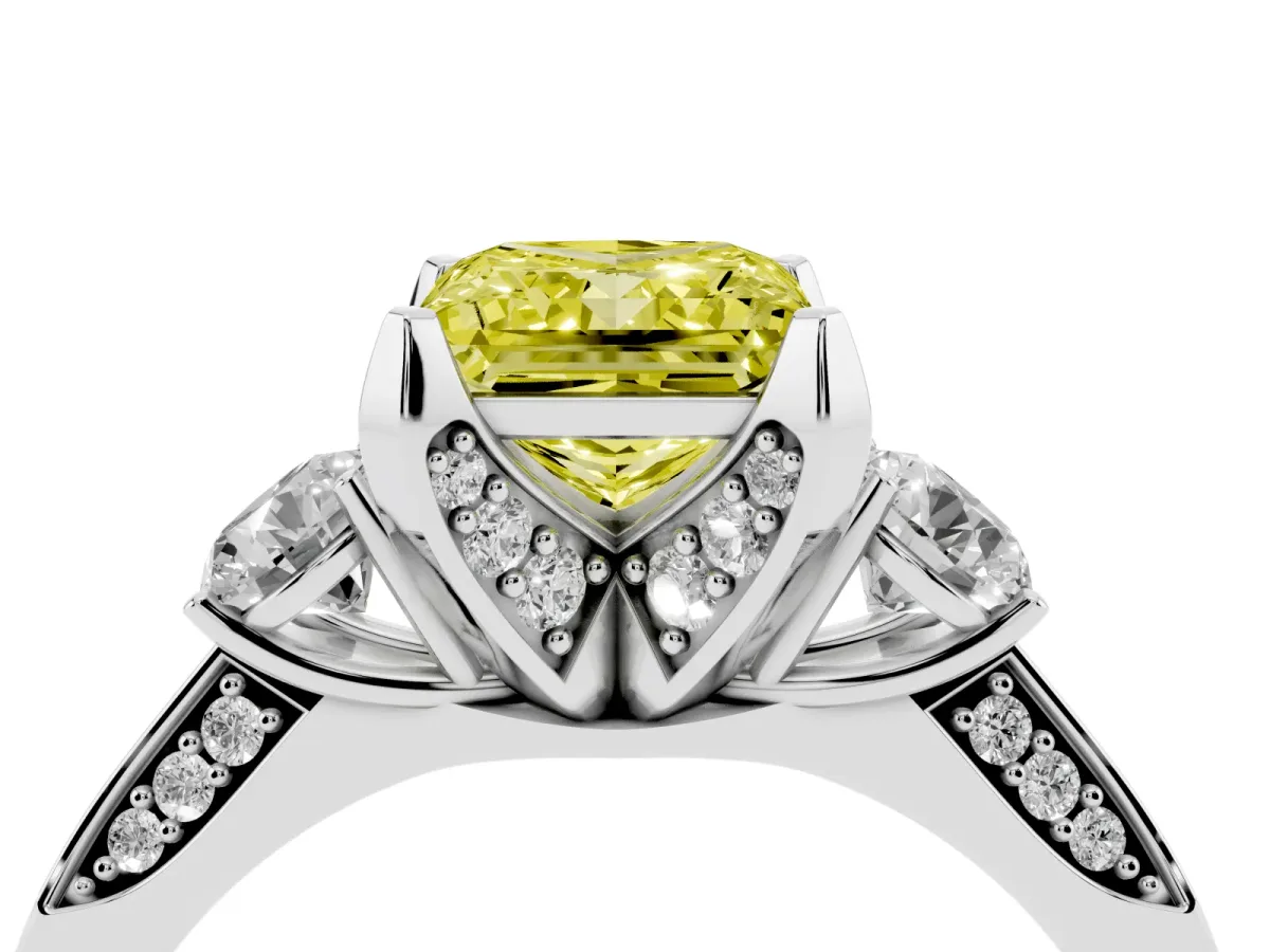 Fancy Yellow Princess Cut Brilliant Three-Stone Diamond Ring with Pavé Band and Four-Prong Setting White gold
