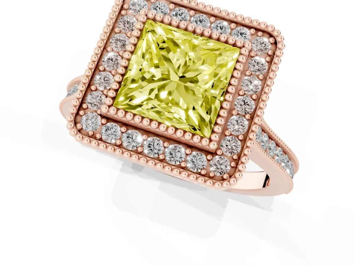 Fancy Yellow Princess Cut Diamond Halo Ring with Milgrain Frame and Pavé Band Rose gold