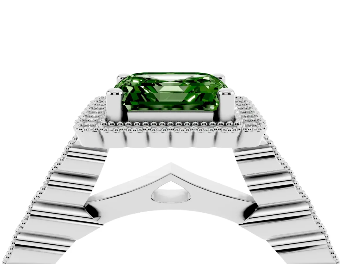 Fancy Green Asscher Cut Cut Halo Pavé Solitaire Ring with Milgrain Band Silver