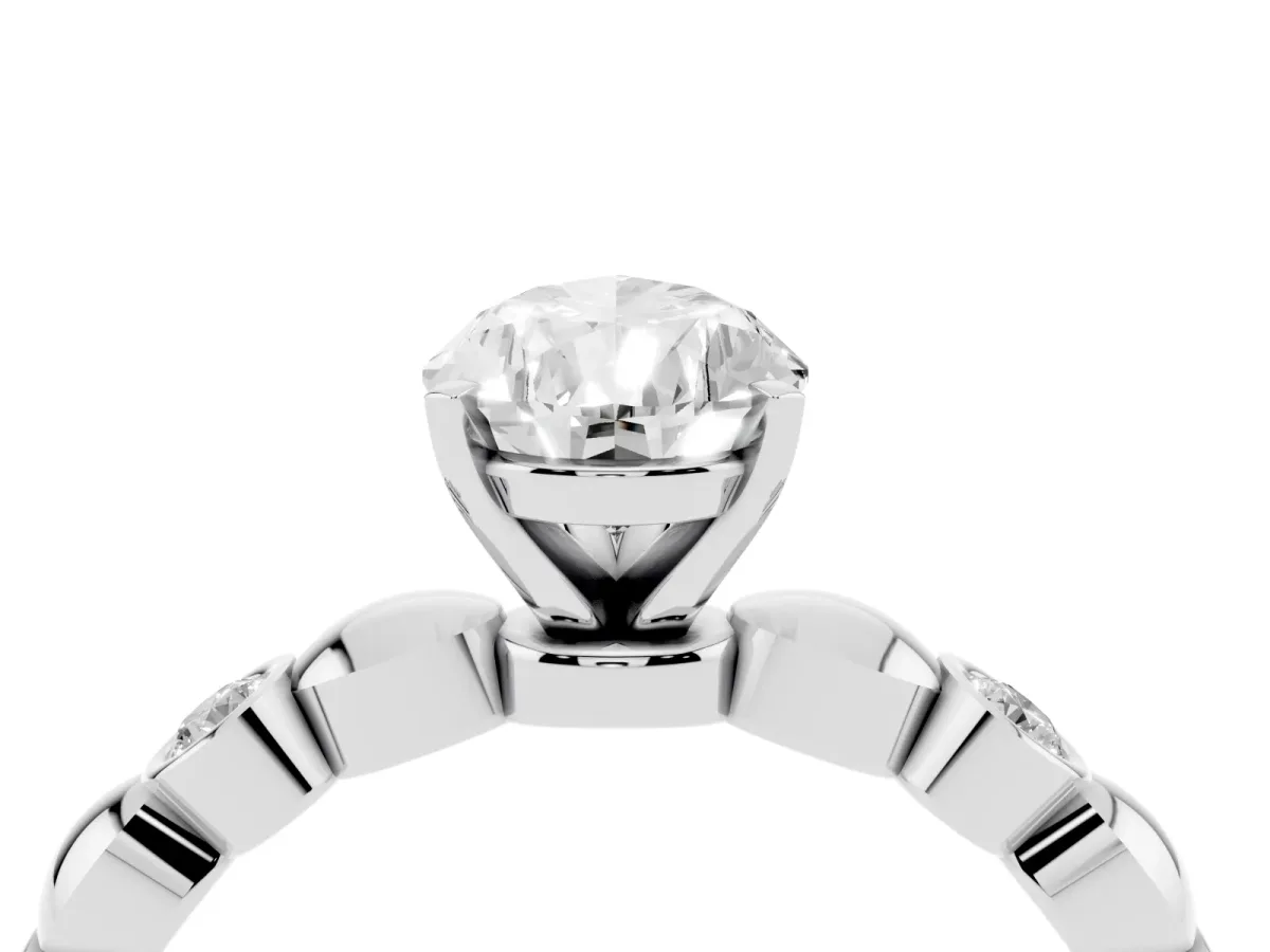 Pear Cut Solitaire Bezel-Set Diamond Ring with Beaded Band and Four-Prong Setting Silver