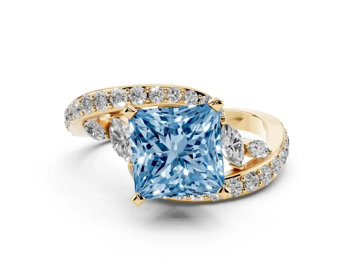 Fancy Blue Princess Cut Solitaire with Pavé Twist Band and Four-Prong Setting Yellow gold