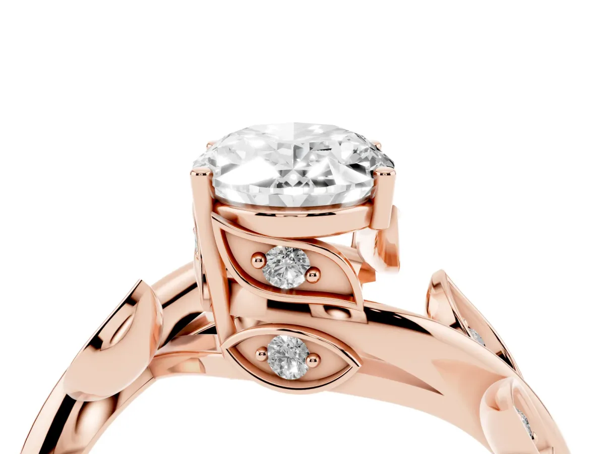 Oval Cut Solitaire Twist Engagement Ring with Leaf Accents and Prong Setting Rose gold