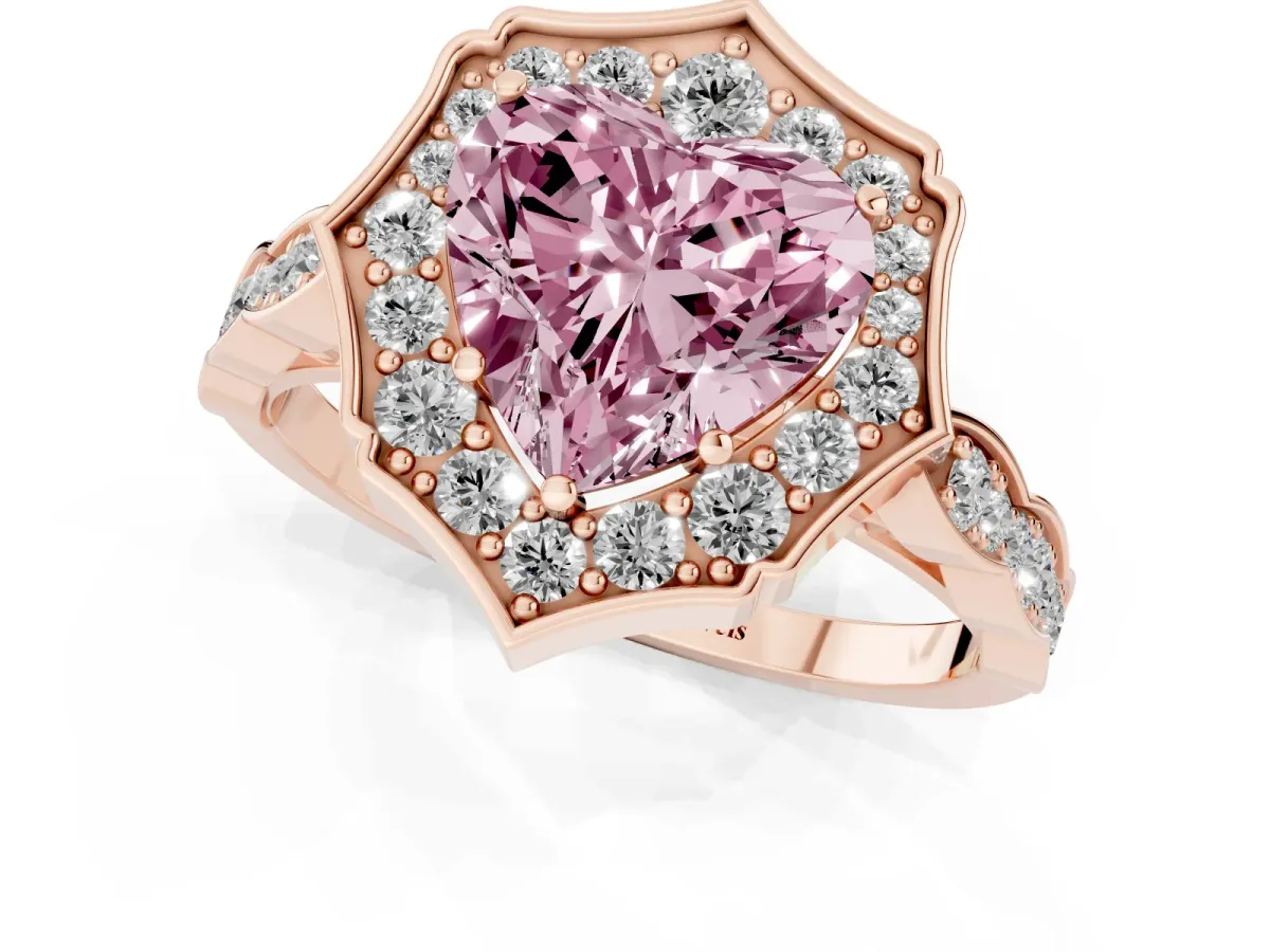 Fancy Pink Heart Cut Halo Diamond Engagement Ring with Milgrain Band and Four-Prong Setting Rose gold