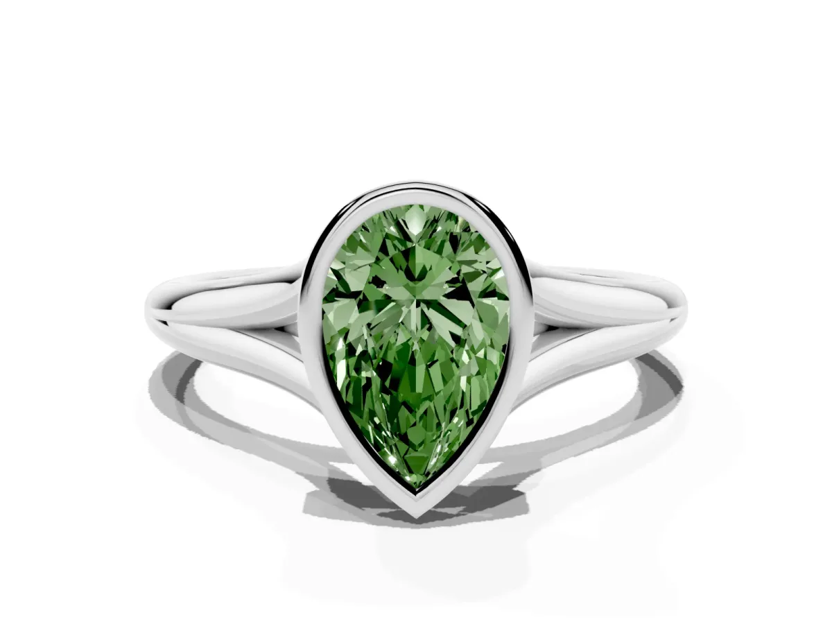 Fancy Green Bezel Set Pear Cut Cut Solitaire Ring with Tapered Band Silver