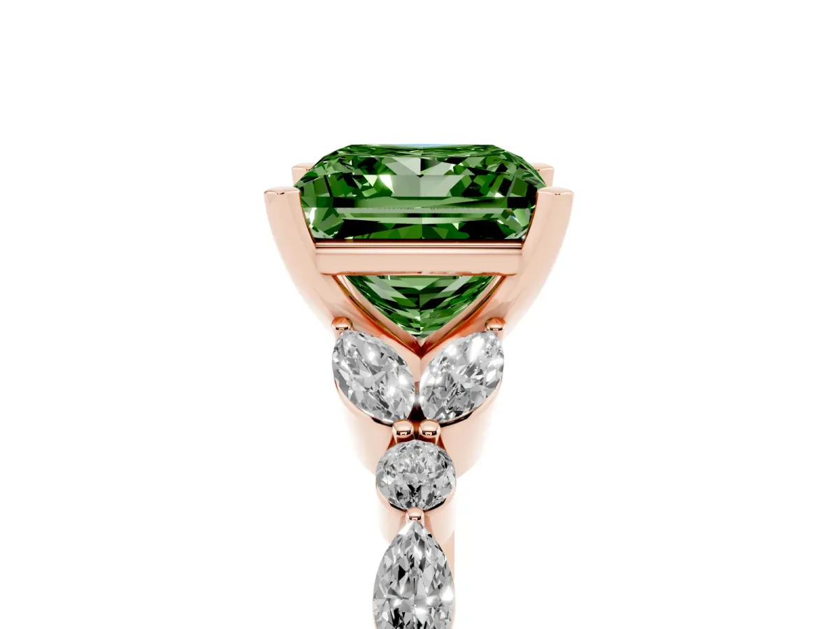 Fancy Green Princess Cut Diamond Solitaire Ring with Side Stones and Four-Prong Setting Rose gold