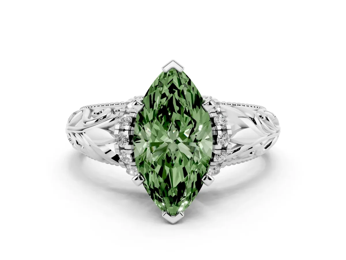 Fancy Green Marquise Cut Solitaire Filigree Engagement Ring with Halo and Prong Setting Silver
