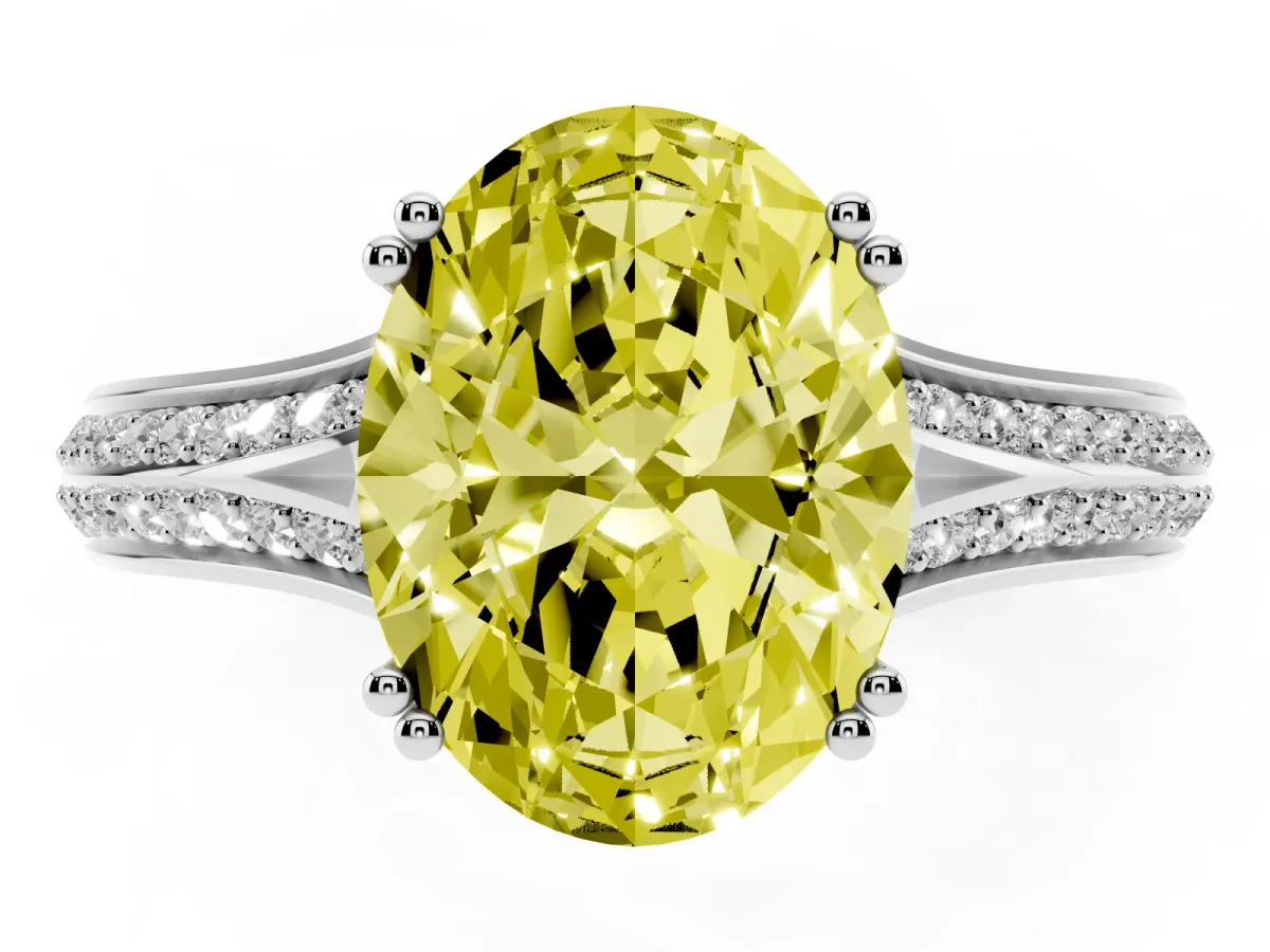Fancy Yellow Oval Cut Diamond Split Shank Engagement Ring with Pavé Band Silver