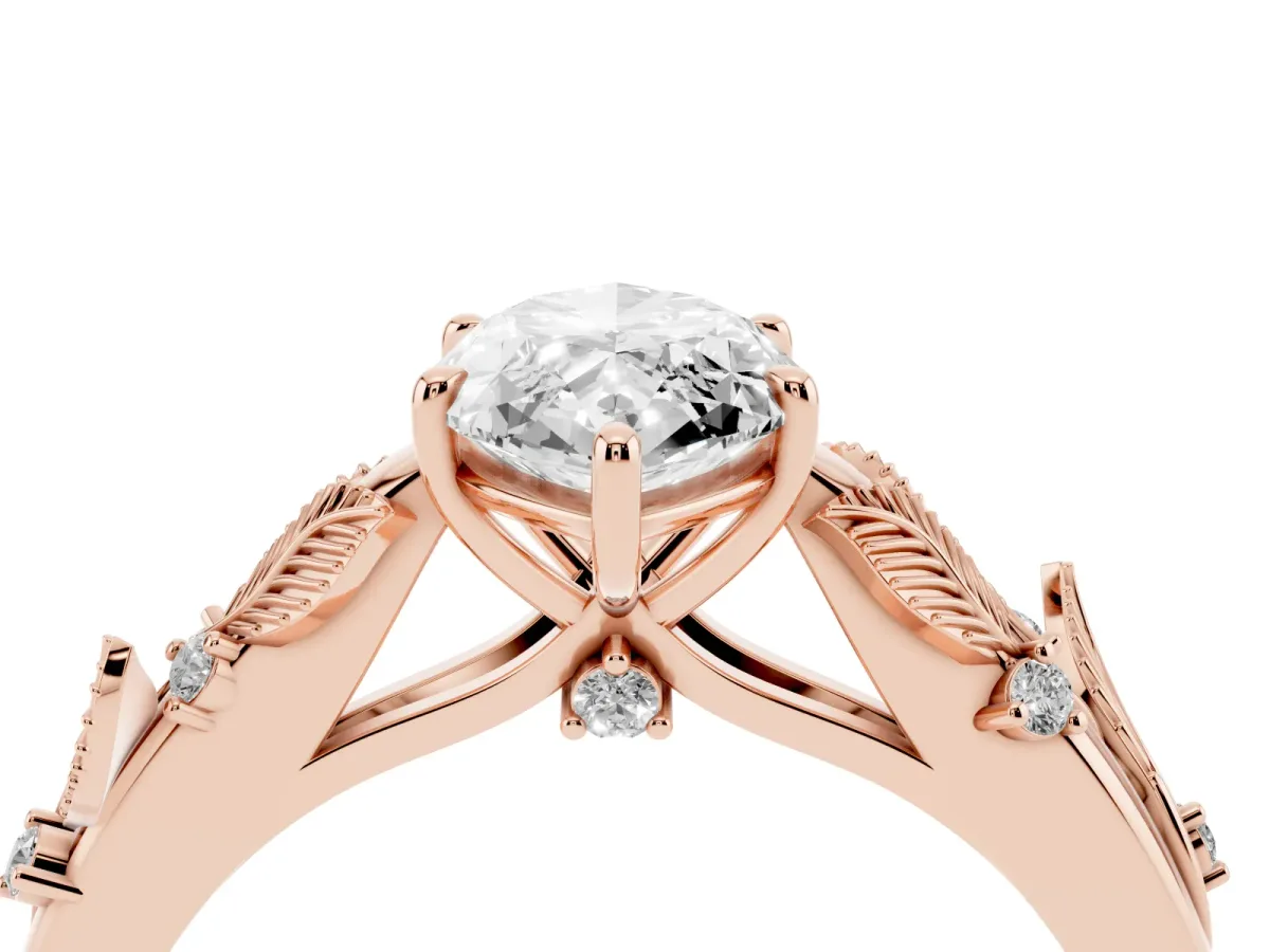 Marquise Cut Diamond Solitaire Ring with Leaf Motif Band and Four-Prong Setting Rose gold