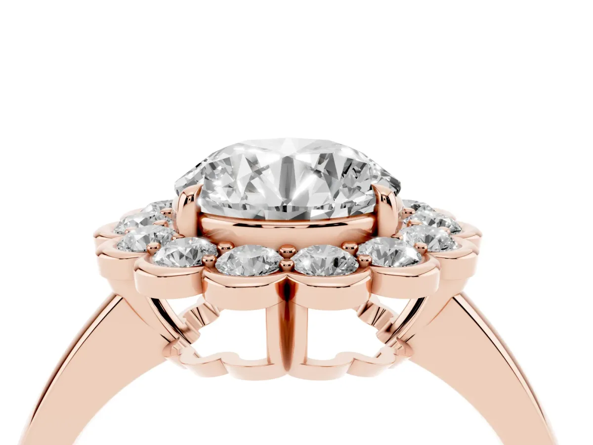 Round Cut Halo Cluster Diamond Engagement Ring with Solitaire Band and Prong Setting Rose gold