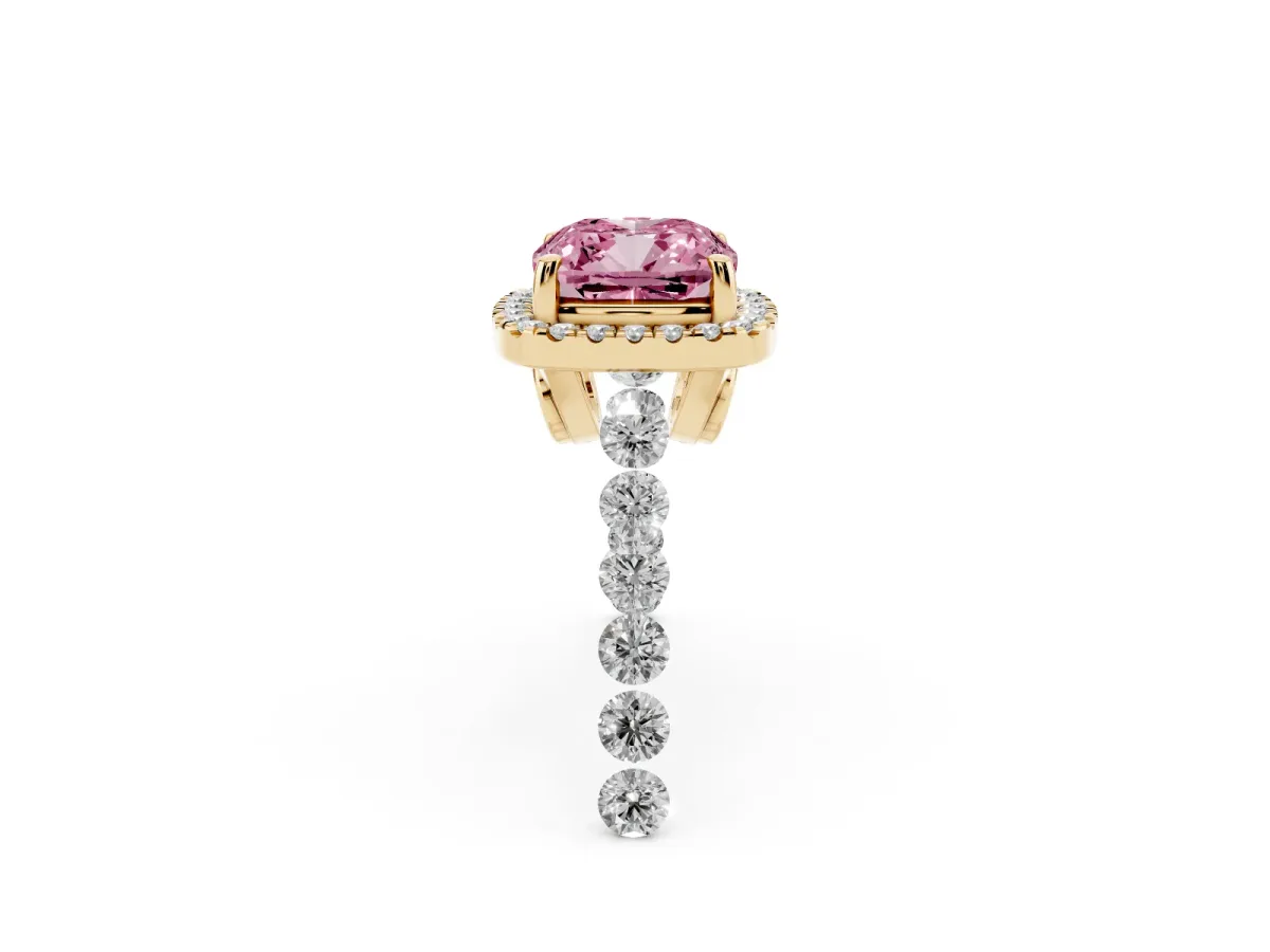 Fancy Pink Cushion Cut Halo Pavé Diamond Engagement Ring with Four-Prong Setting Yellow gold