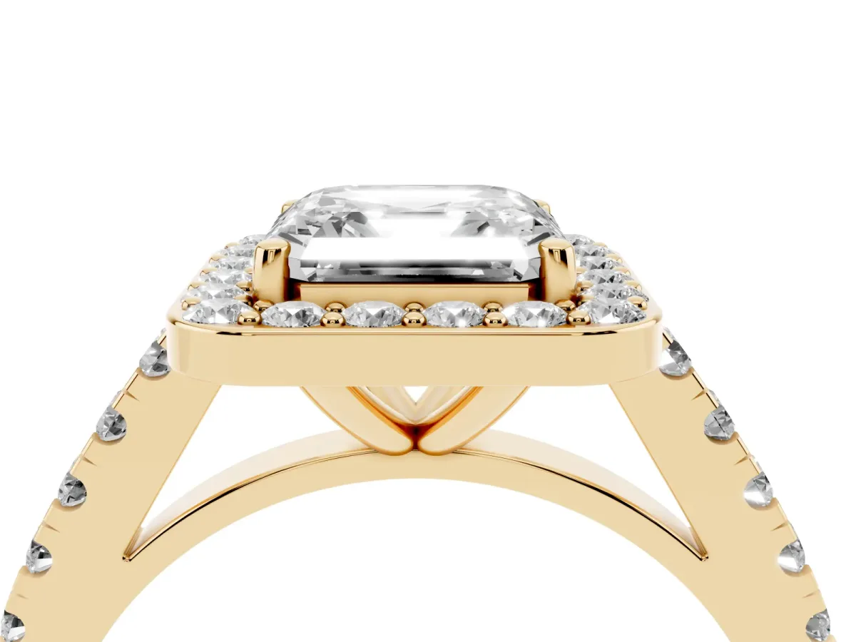 Asscher Cut Diamond Halo Ring with Round Pavé Split Shank and Prong Setting Yellow gold