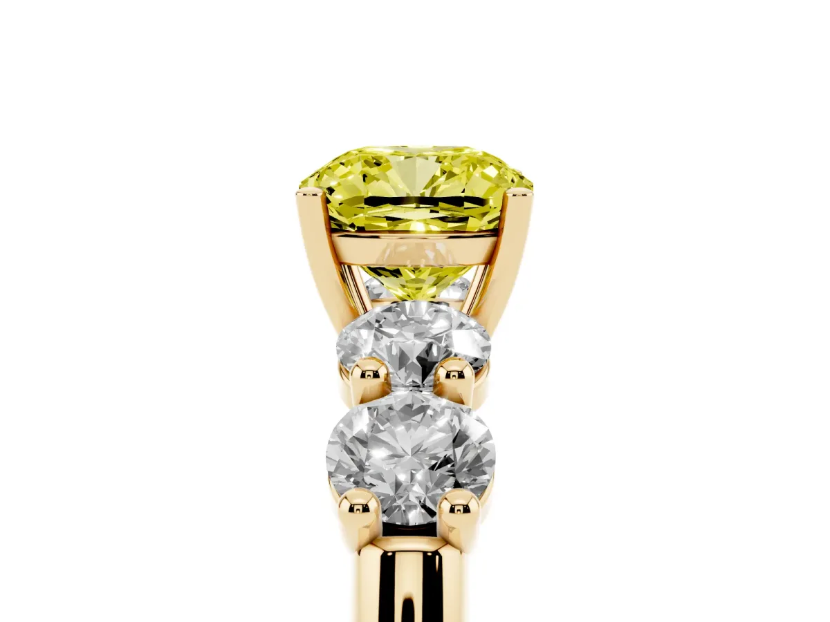 Fancy Yellow Cushion Cut Cut Five-Stone Prong Set Diamond Ring with Classic Band Yellow gold