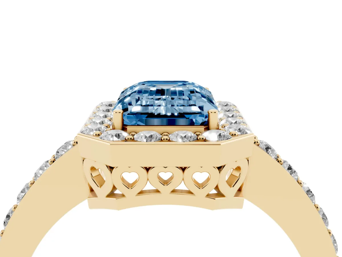 Fancy Blue Emerald Cut Halo Diamond Pavé Band Ring with Prong Setting Yellow gold