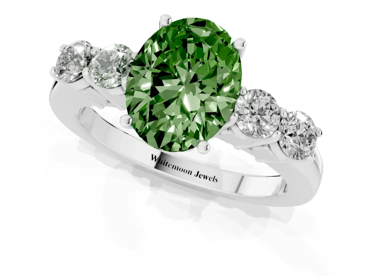 Fancy Green Oval Cut Cut Diamond Five-Stone Prong Set White Gold Ring Platinum