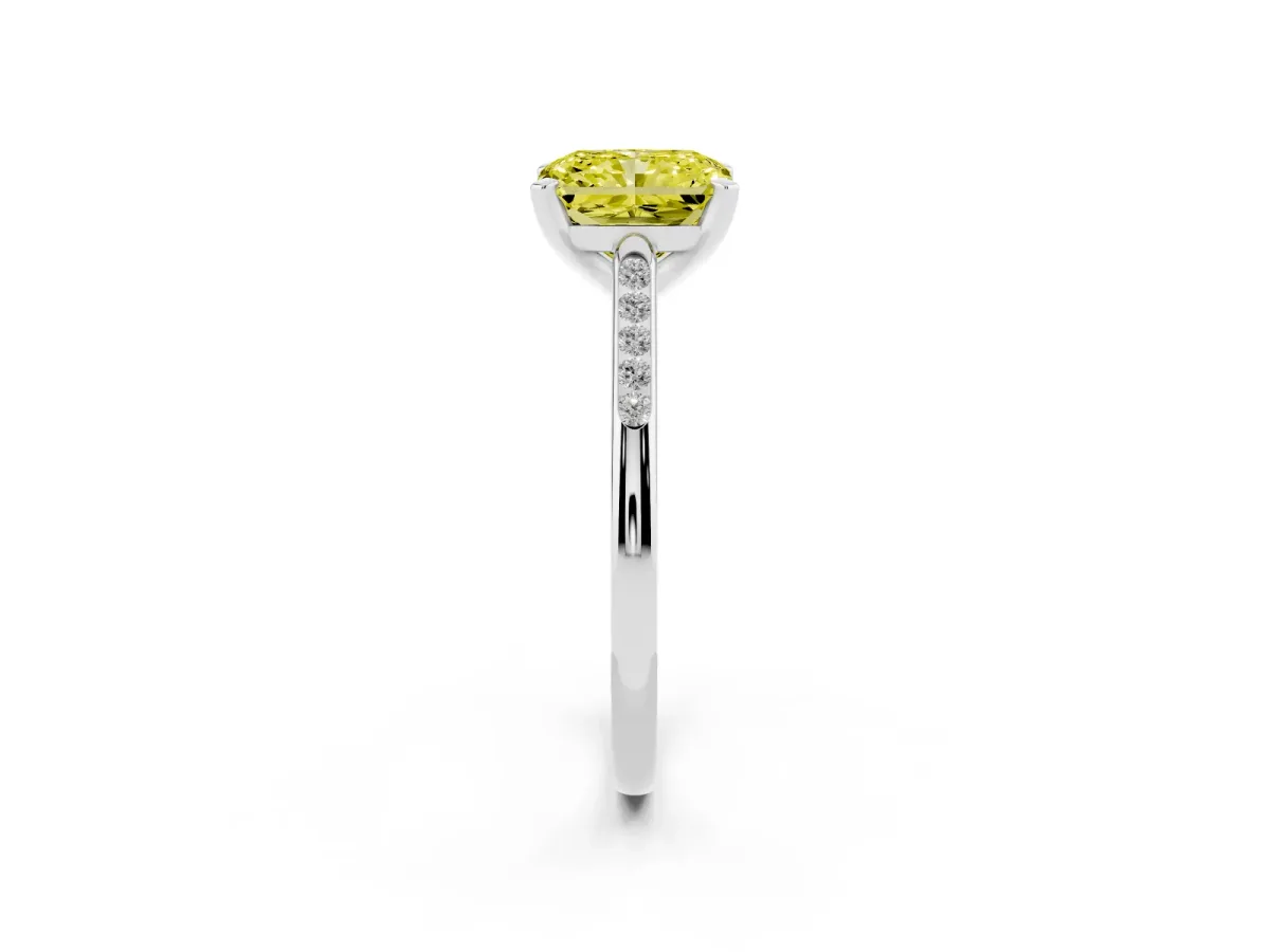 Fancy Yellow Radiant Cut Diamond Solitaire Ring with Channel Set Round Band and Prong Setting Platinum