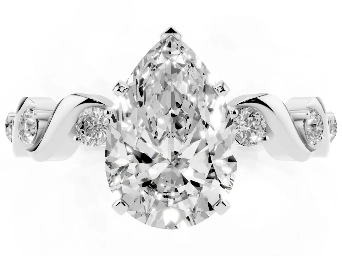 Pear Cut Diamond Solitaire Twisted Band with Round Accents and Prong Setting White gold