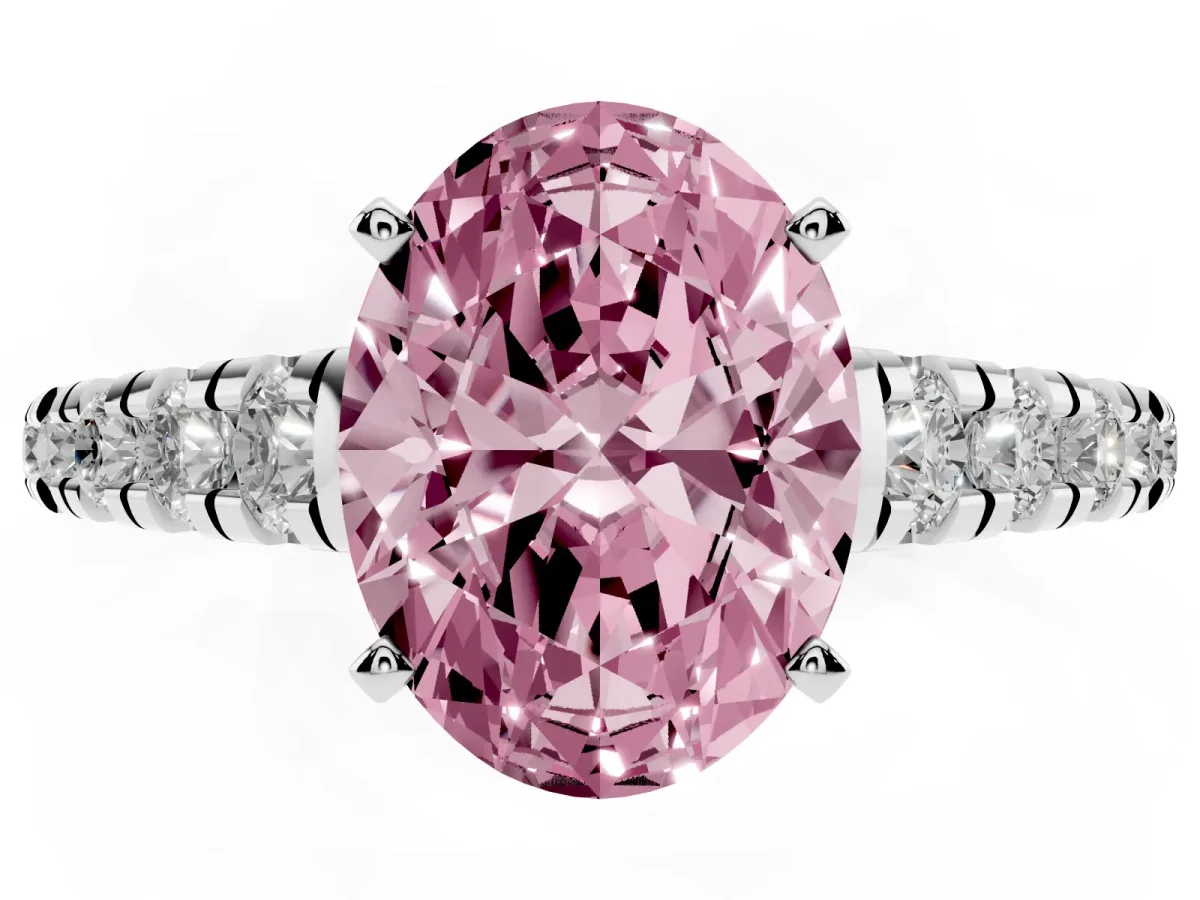 Fancy Pink Oval Cut Diamond Cathedral Solitaire Ring with Round Pavé Band Silver