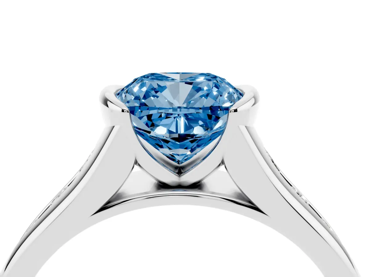 Fancy Blue Cushion Cut Solitaire Bezel-Set Diamond Ring with Channel-Set Band Silver