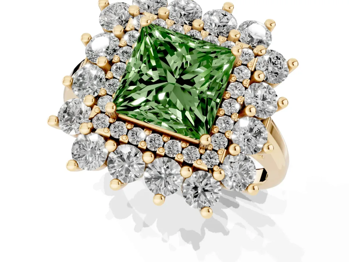 Fancy Green Princess Cut Diamond Floral Double Halo Engagement Ring with Prong Setting Yellow gold