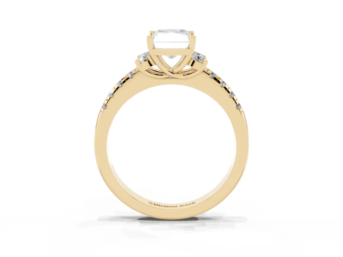 Radiant Cut Diamond Three-Stone Pave Band with Four-Prong Setting Yellow gold