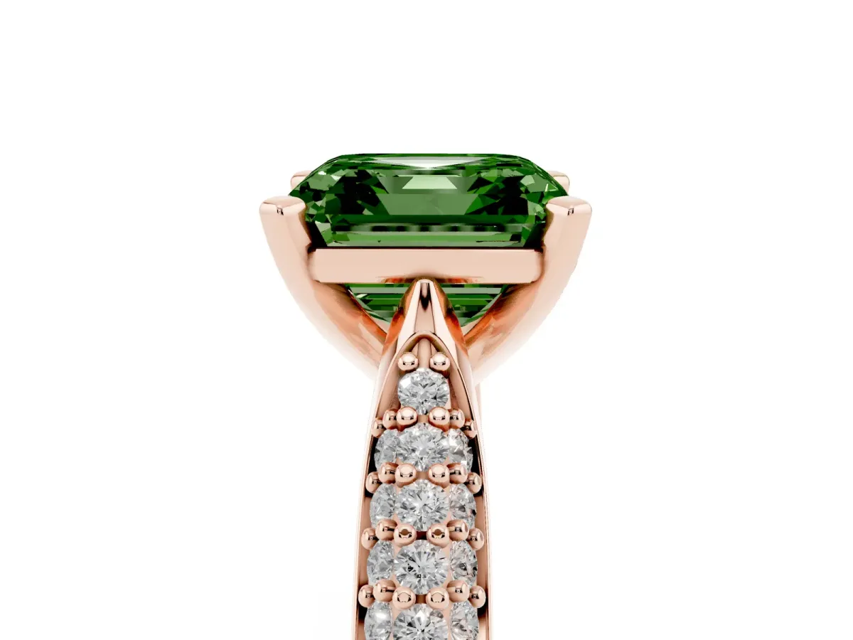 Fancy Green Asscher Cut Diamond Solitaire Engagement Ring with Multi-Row Round Pavé Band and Prong Setting Rose gold