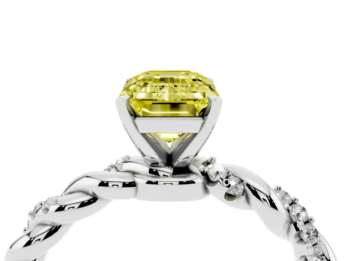 Fancy Yellow Emerald Cut Diamond Solitaire Ring with Twisted Band and Pavé Accents Platinum